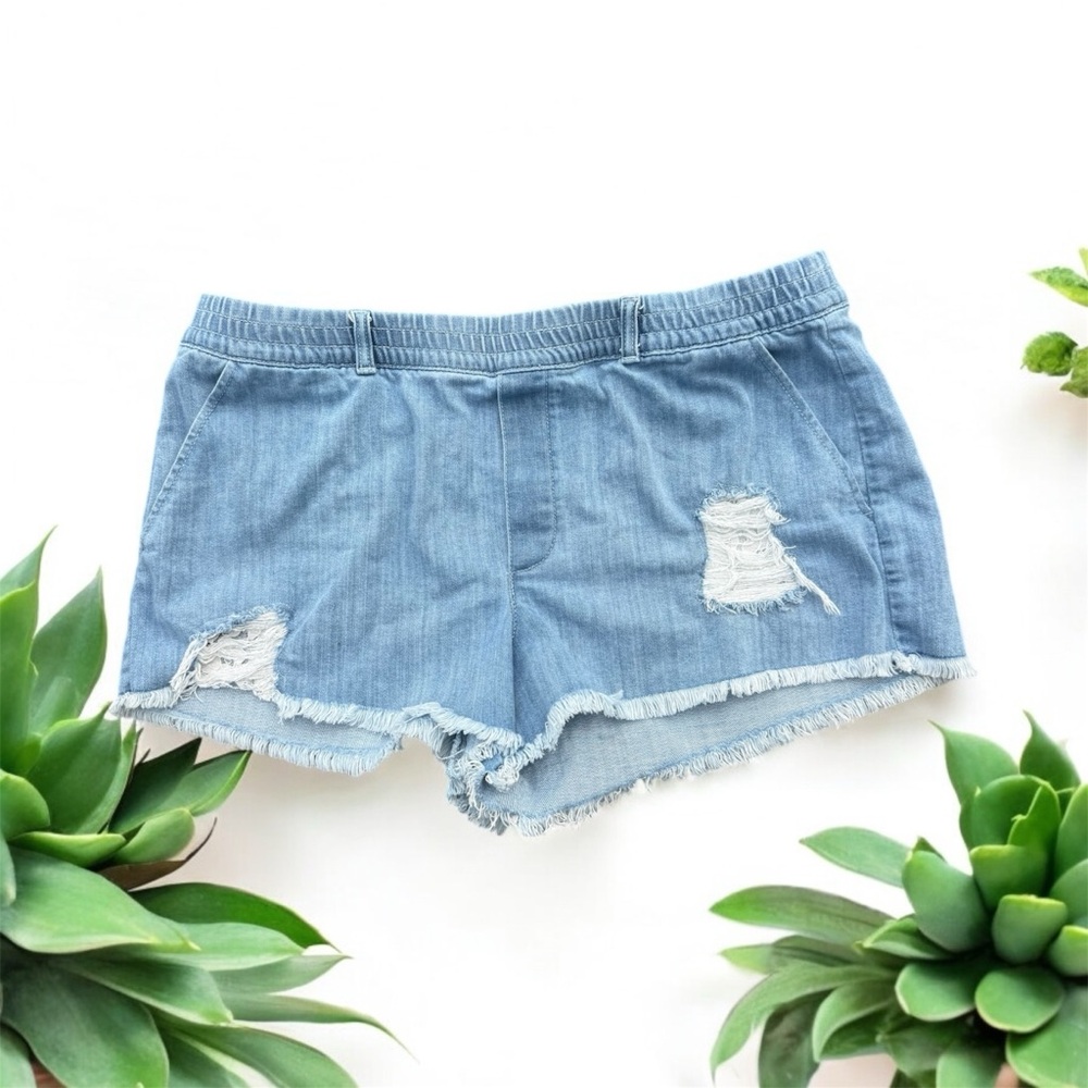 Aerie Light Wash Distressed Elastic Waist Denim Shorts Large